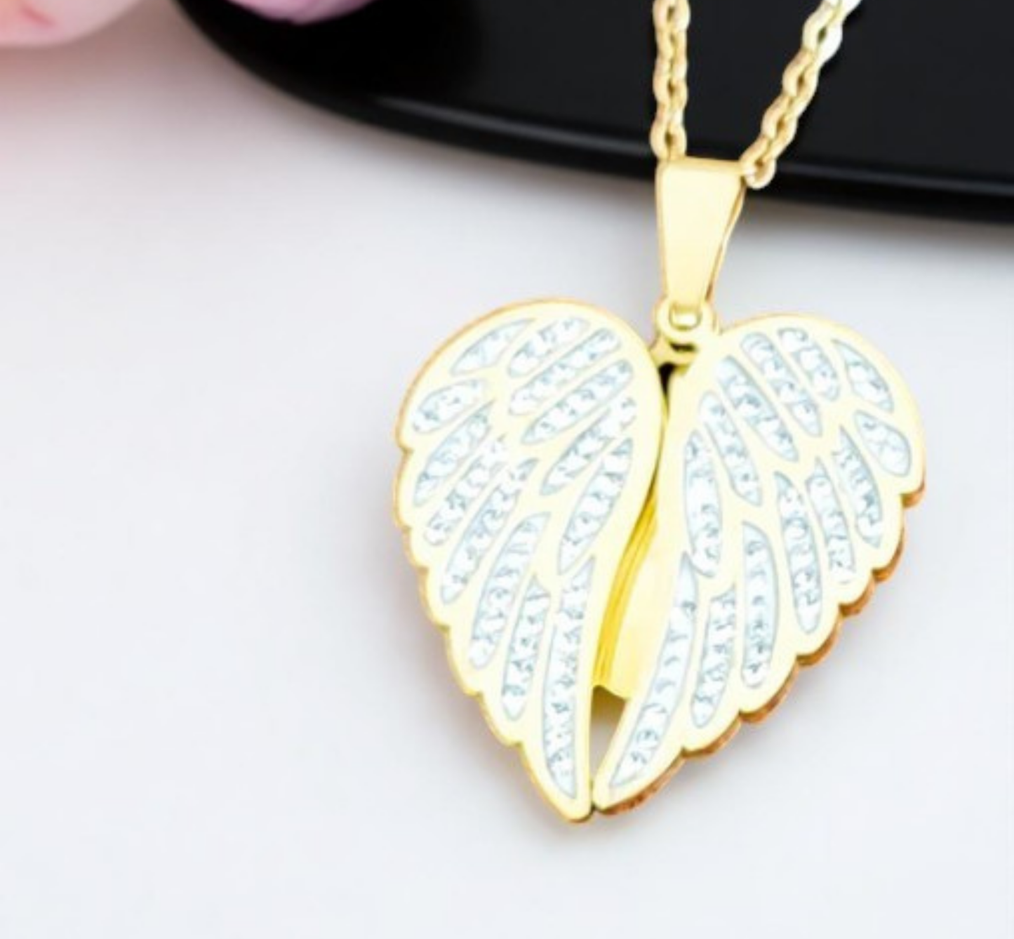 Gold memorial angel wings necklace with custom engraving options