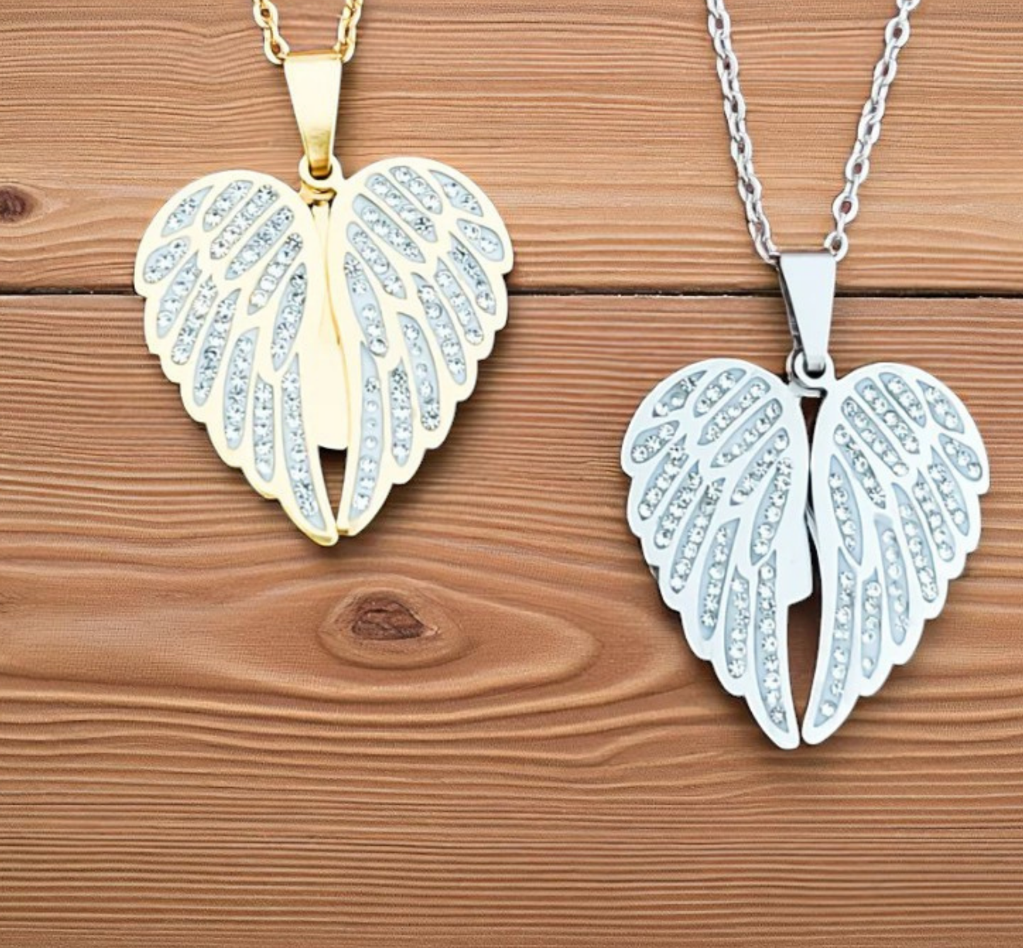 Stainless steel angel wings memorial jewelry showing engraving detail