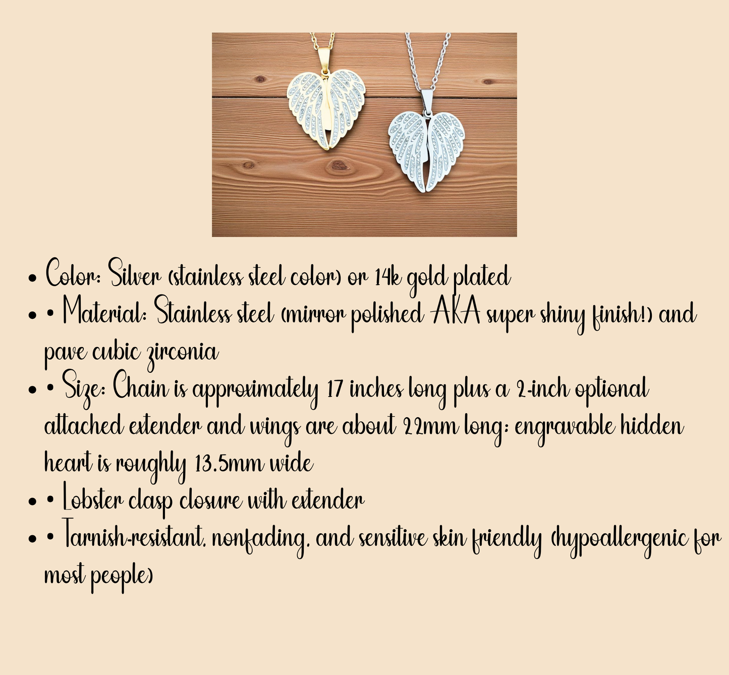 Hypoallergenic angel wings necklace in gold and silver finishes