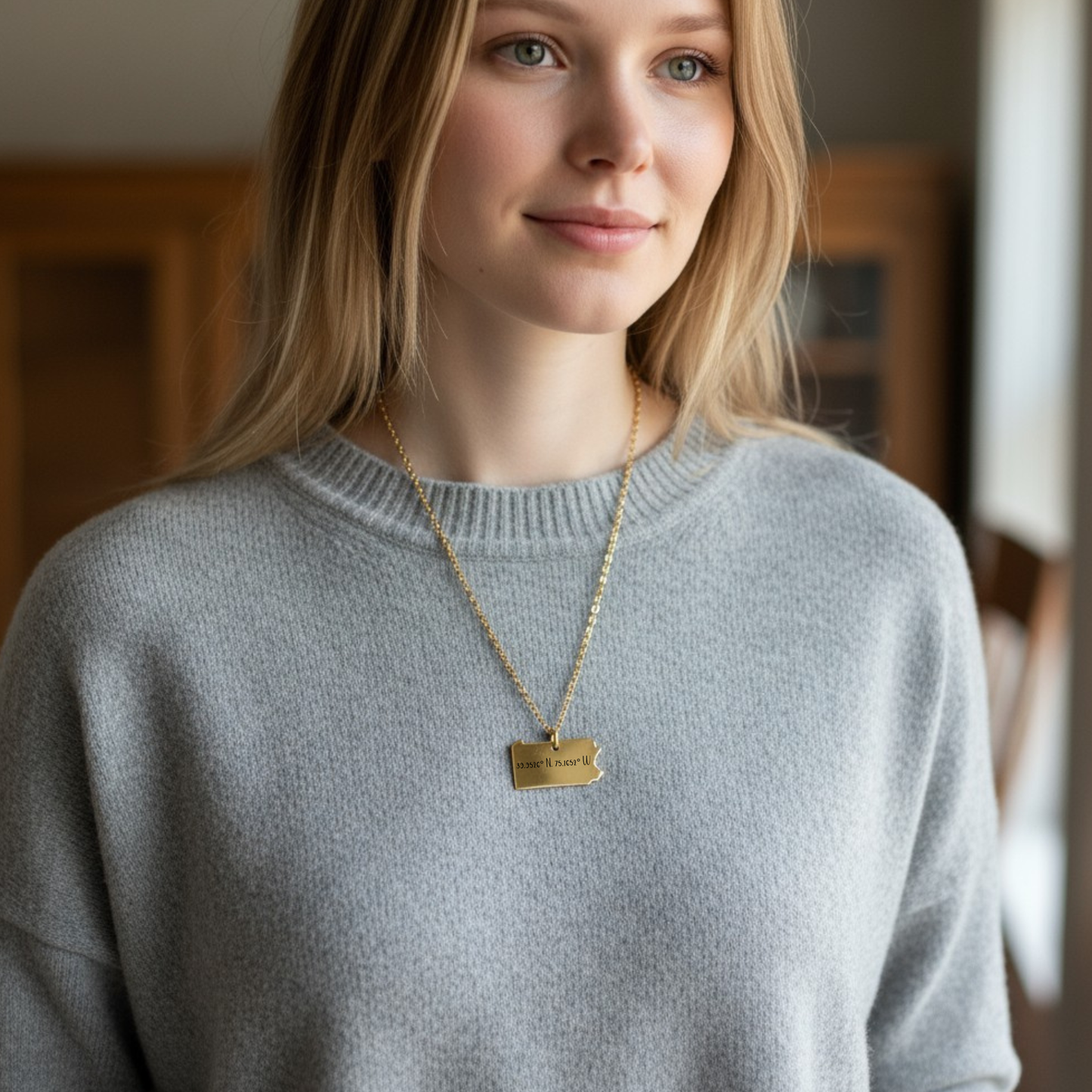 Engraved PA state necklace with personalized GPS coordinates