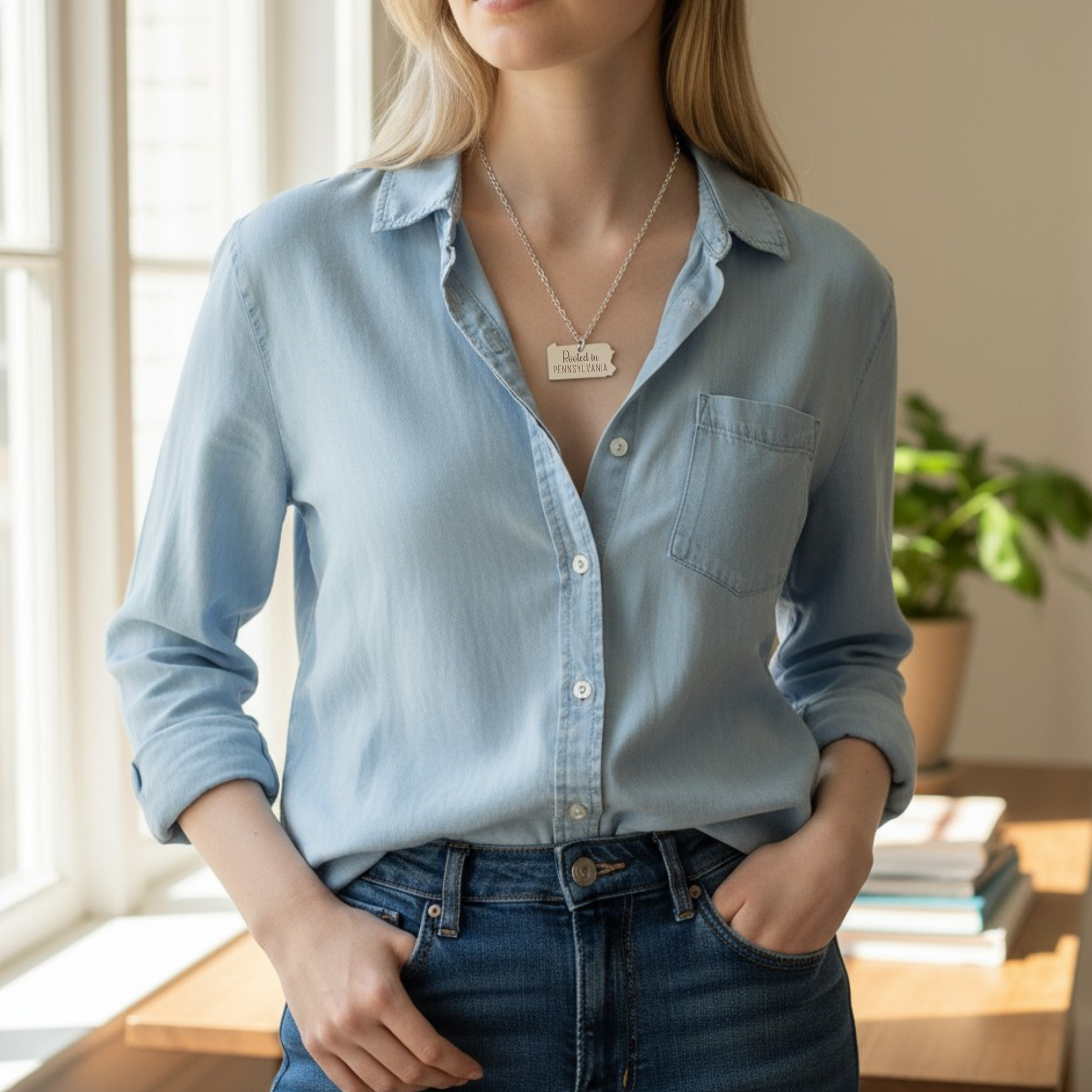 Dainty Pennsylvania pendant engraved with where we met coordinates