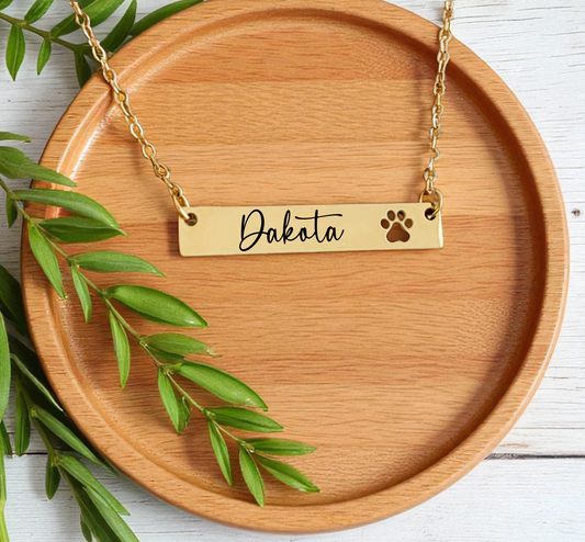 Custom Pet Memorial Bar Necklace – Personalized Paw Print Name Jewelry for Dog Moms, Cat Lovers & Pet Loss Gifts in Gold or Silver