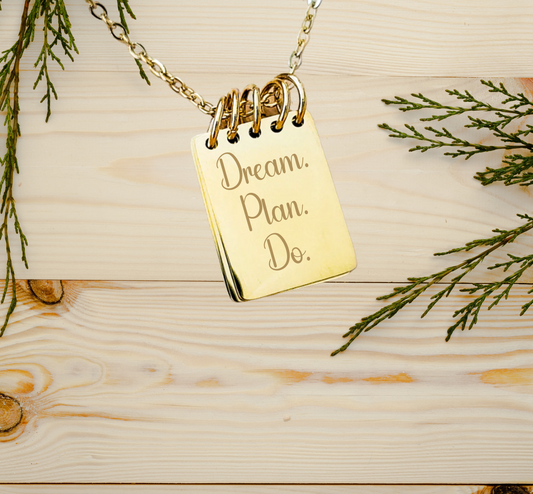 Gold mini notebook pendant necklace with custom motivational engraving
