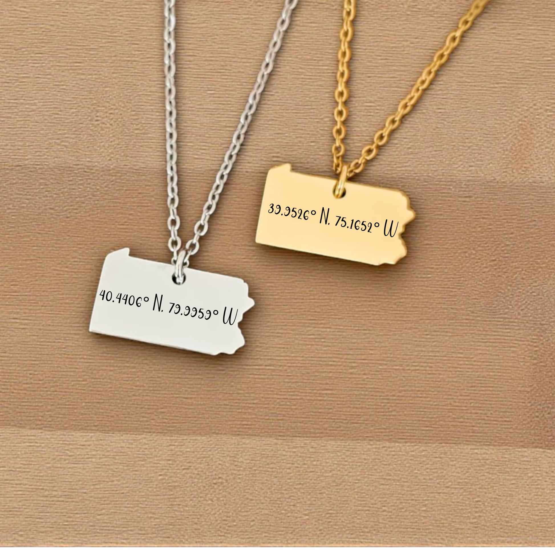 Gold PA coordinates pendant with latitude and longitude engraving