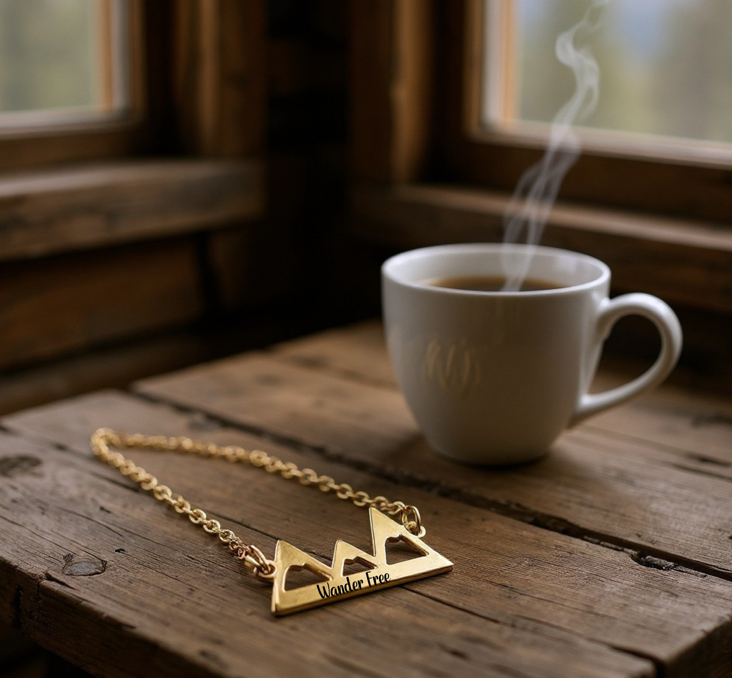 Engraved Mountain Pendant Necklace – Personalized Adventure Jewelry with Quote, Name, or GPS Coordinates