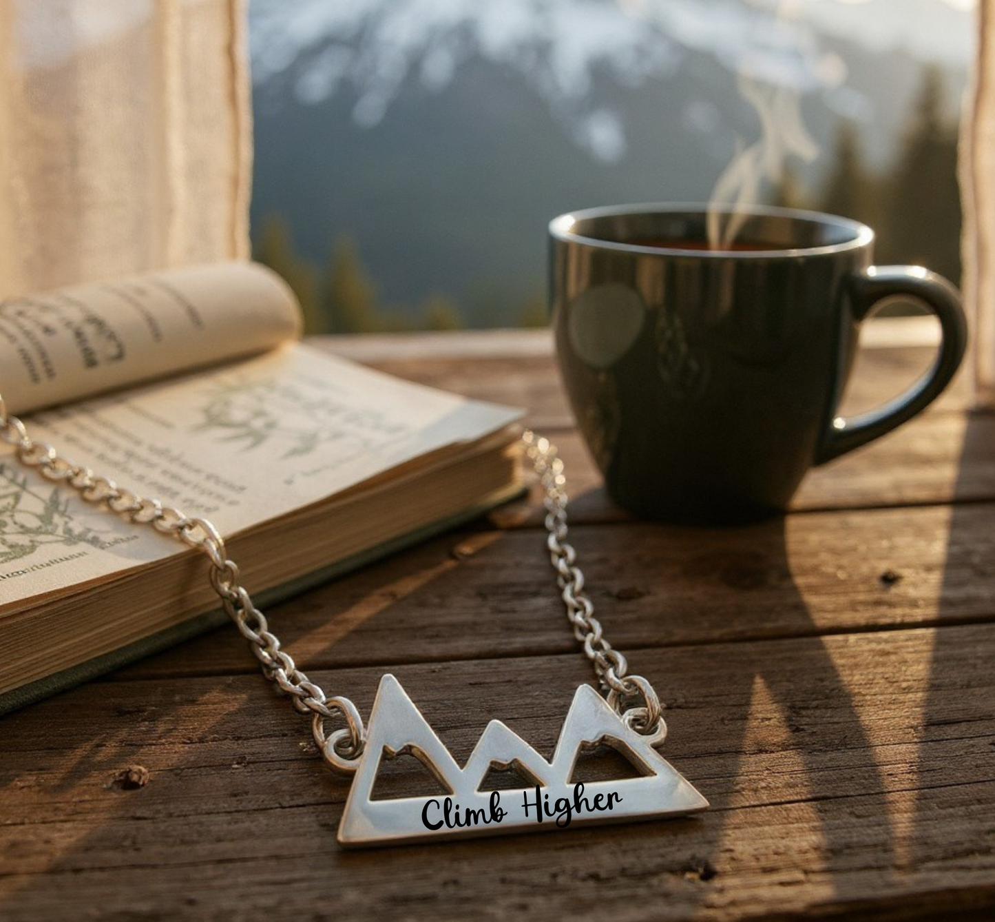 Engraved Mountain Pendant Necklace – Personalized Adventure Jewelry with Quote, Name, or GPS Coordinates