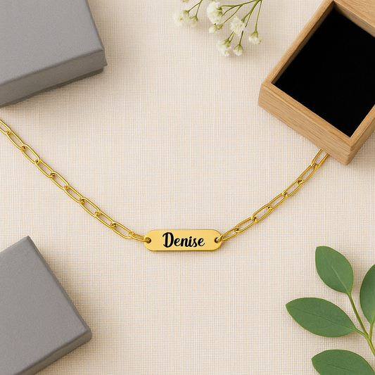 Custom engraved paperclip chain necklace in gold or silver with name or date