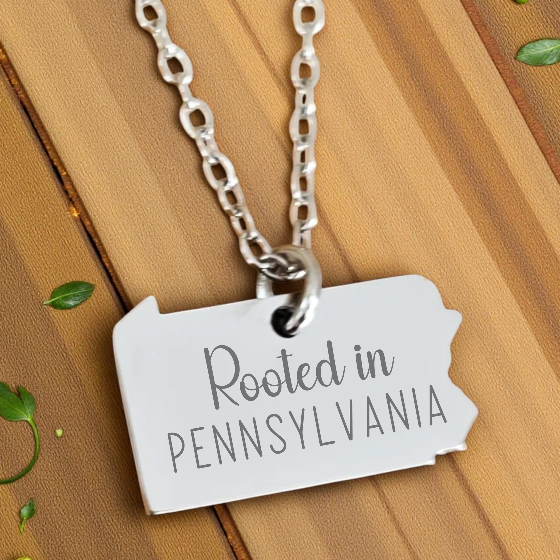 Personalized PA state necklace with custom text engraving, handmade in USA