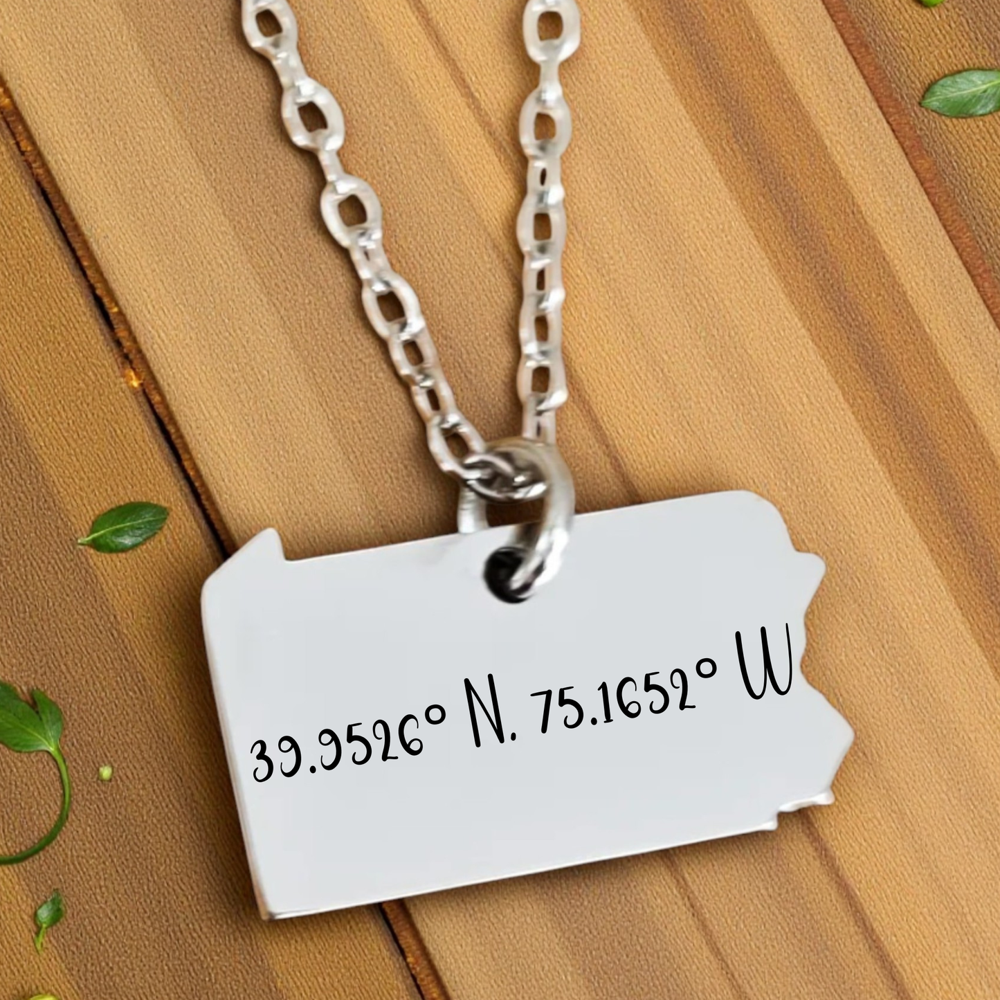 Custom Pennsylvania map necklace showing hometown coordinates