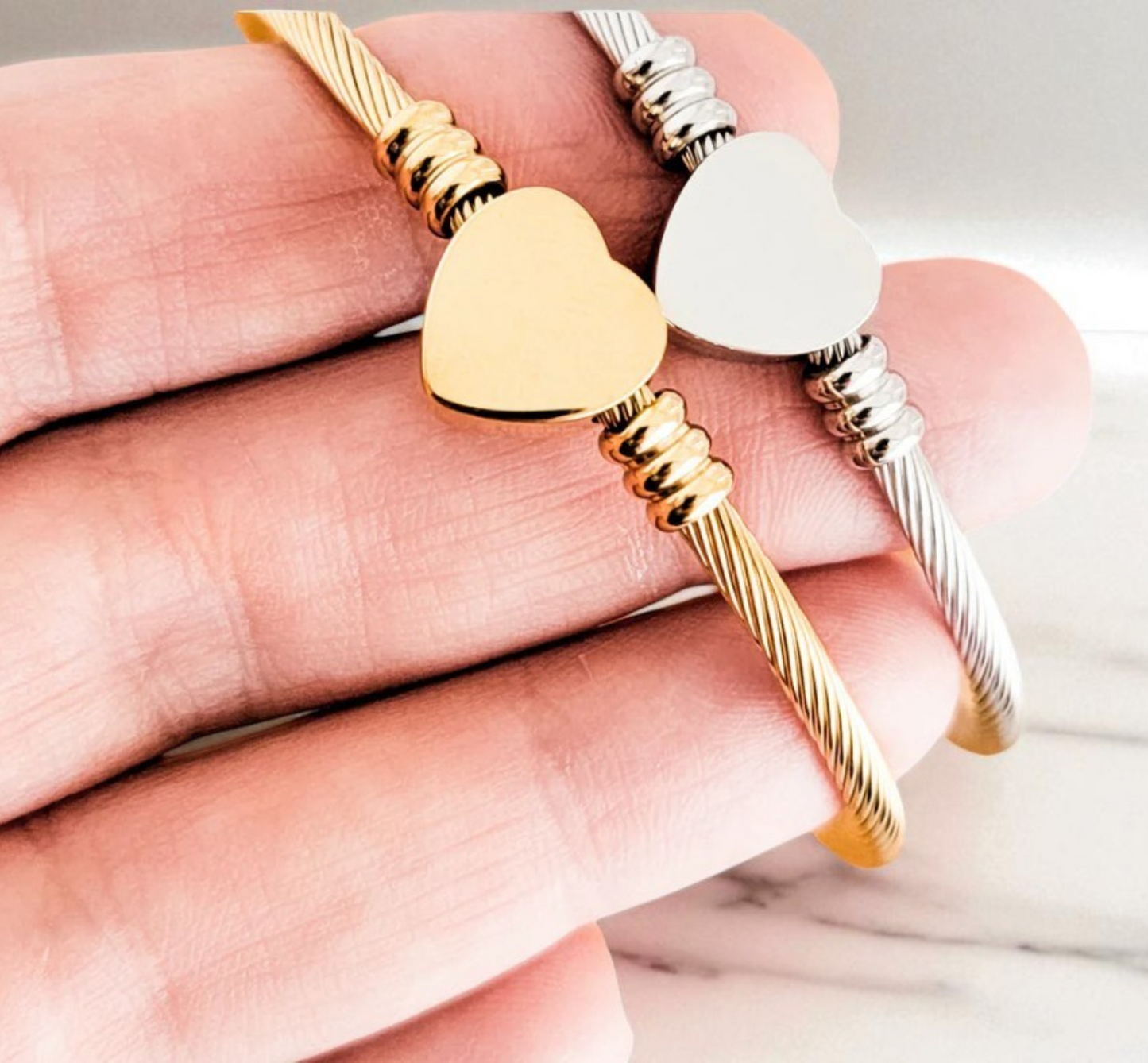 Custom Engraved Heart Bangle Bracelet – Personalized Gold or Silver Jewelry Gift for Her, Wife, Mom, or Daughter