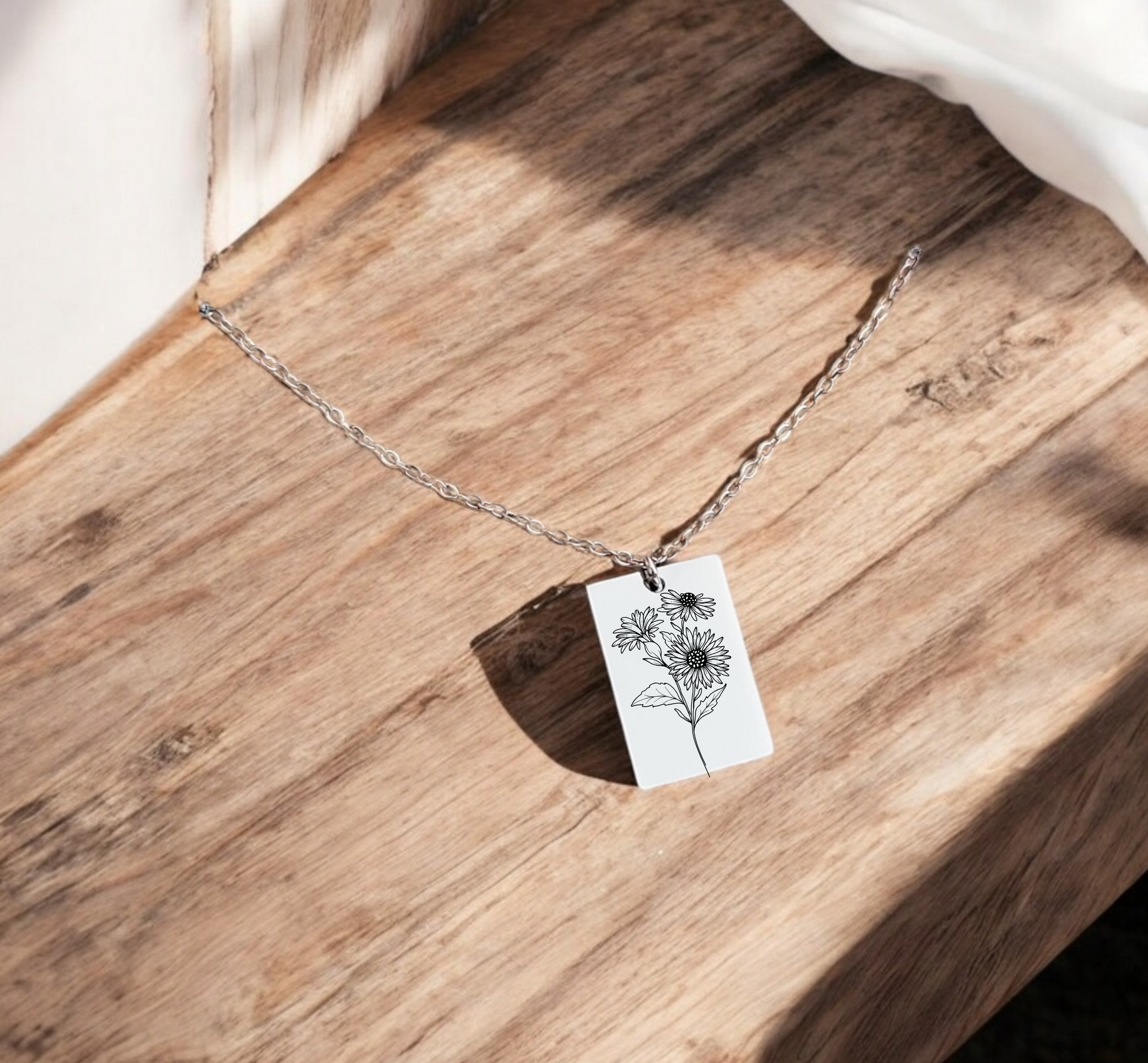 Silver square birth flower pendant necklace with custom name engraving