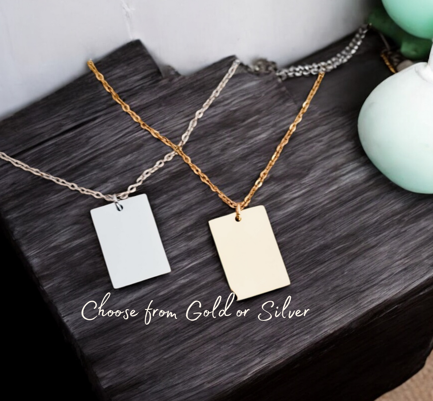 Personalized square pendant necklace in silver and gold options