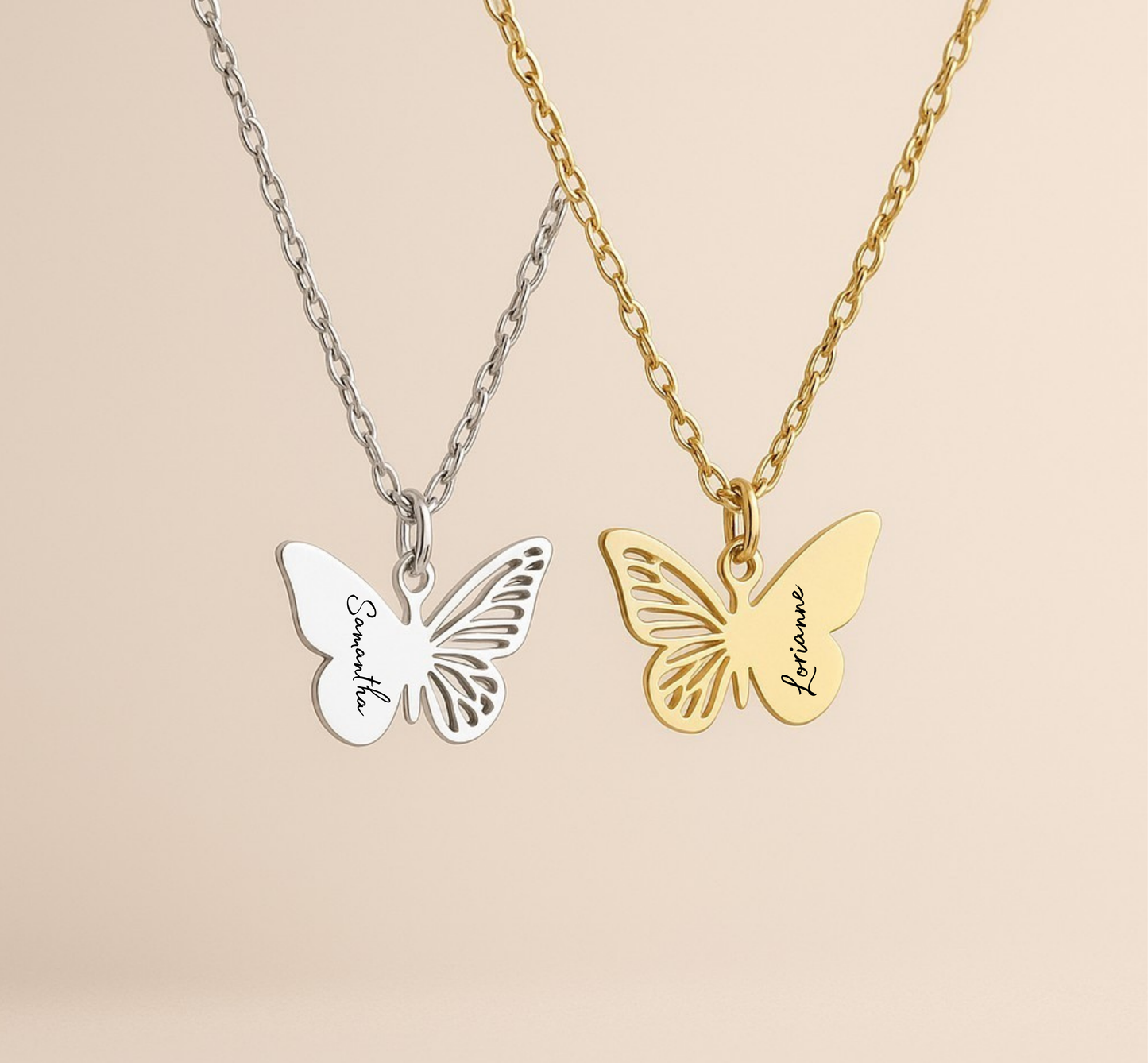 Personalized Butterfly Pendant Necklace – Engraved Name Gift for Her in Gold or Silver with Velvet Pouch
