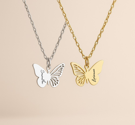 Personalized Butterfly Pendant Necklace – Engraved Name Gift for Her in Gold or Silver with Velvet Pouch