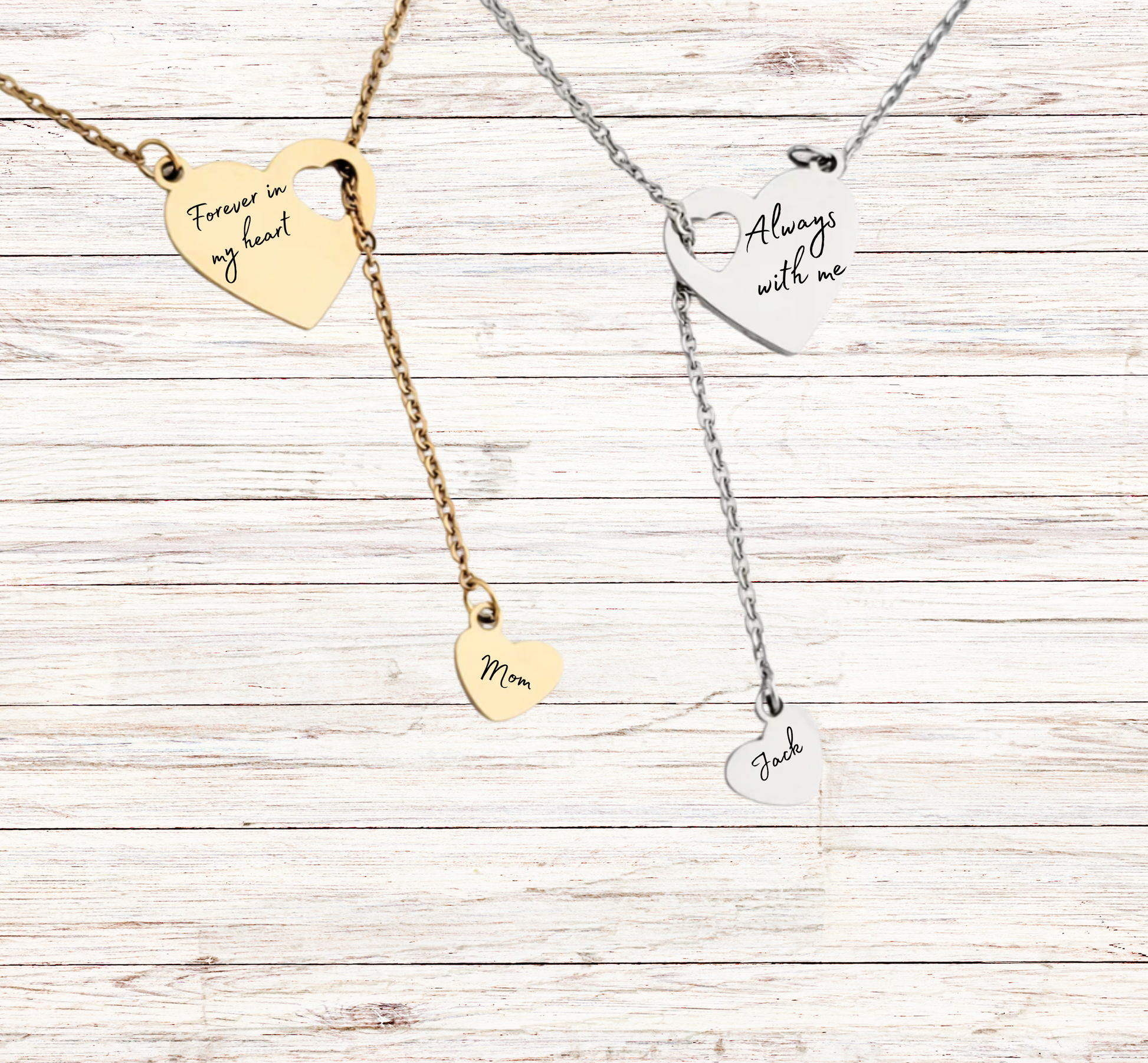 Stainless steel heart pendant necklace showing size comparison