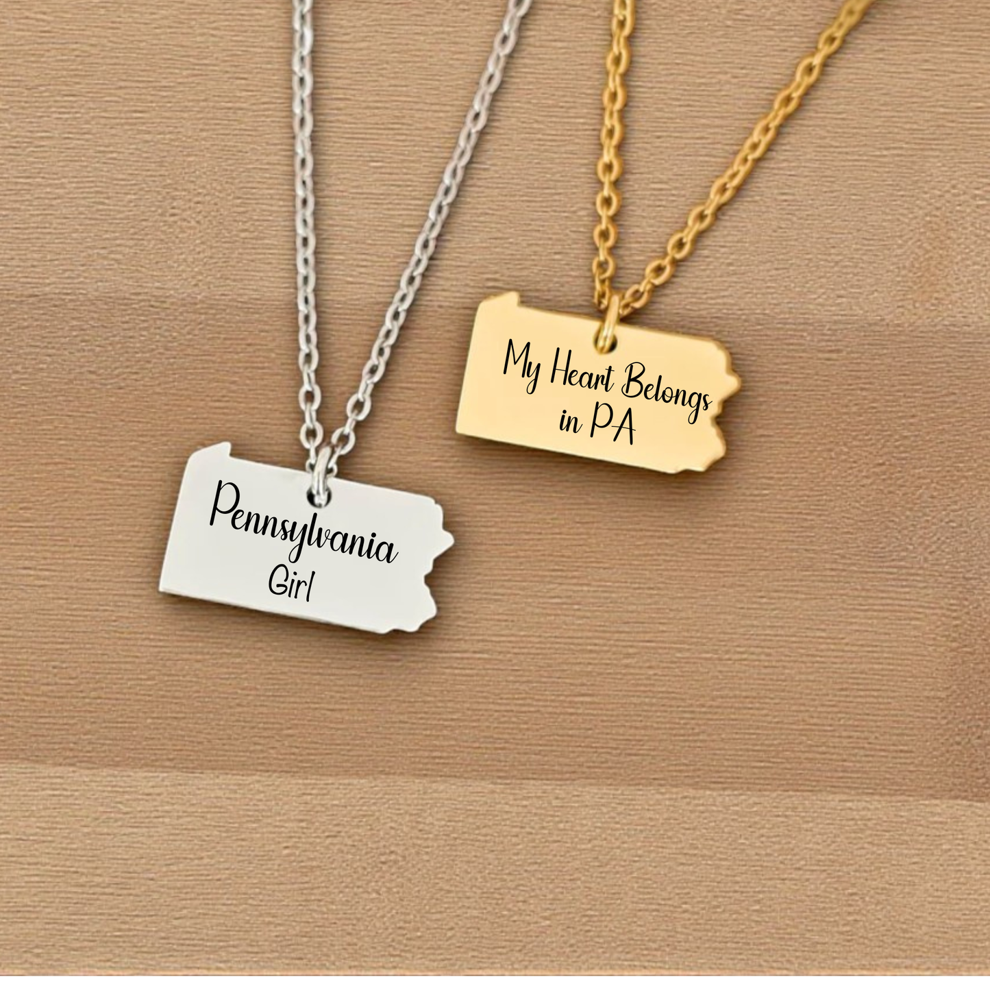 Gold Pennsylvania necklace engraved with “Pennsylvania Girl” and adjustable chain