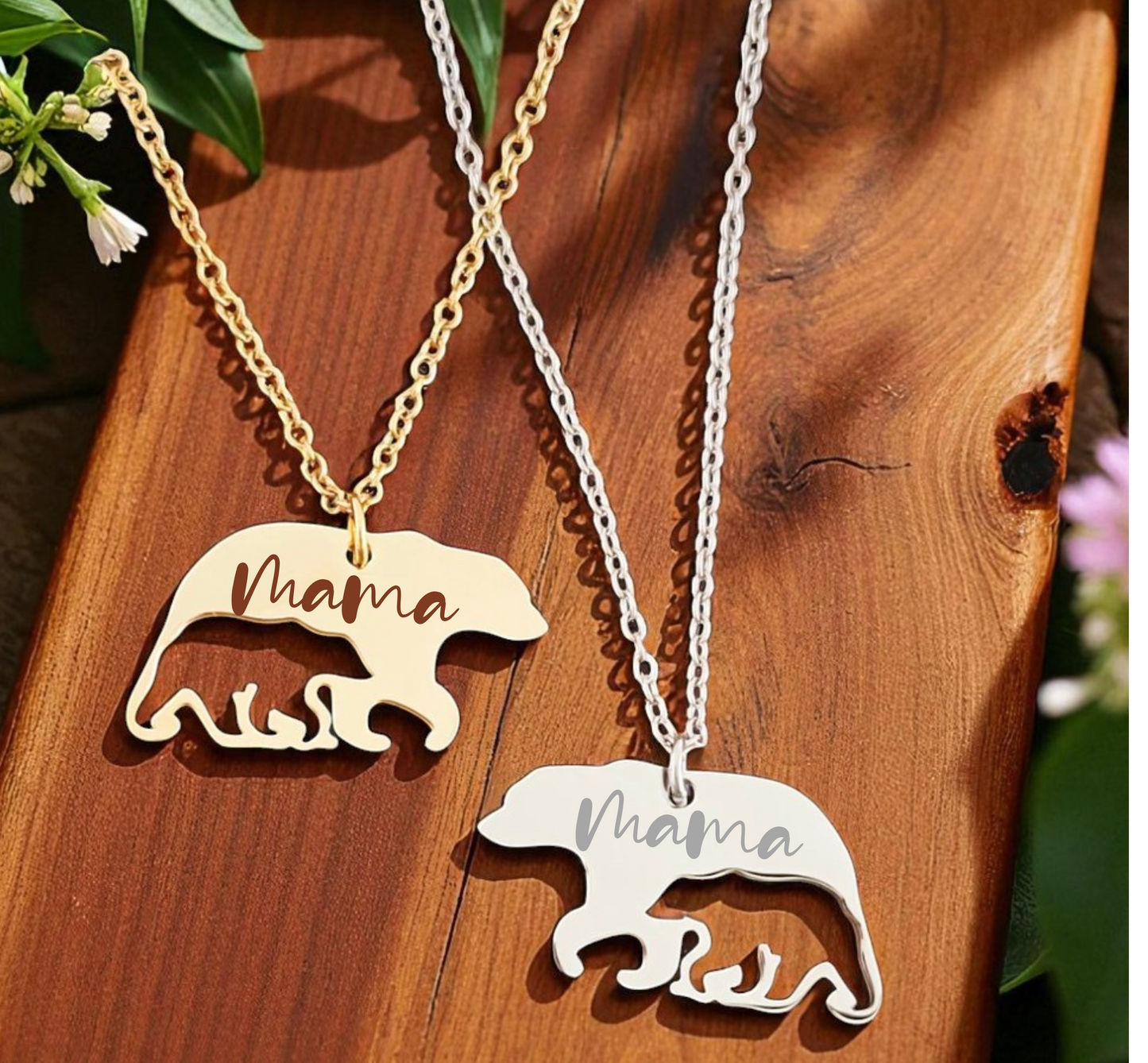 Mama Bear Necklace with Baby Bear – Personalized Bear Pendant Gift for Mom, New Mom, or Grandma in Gold or Silver