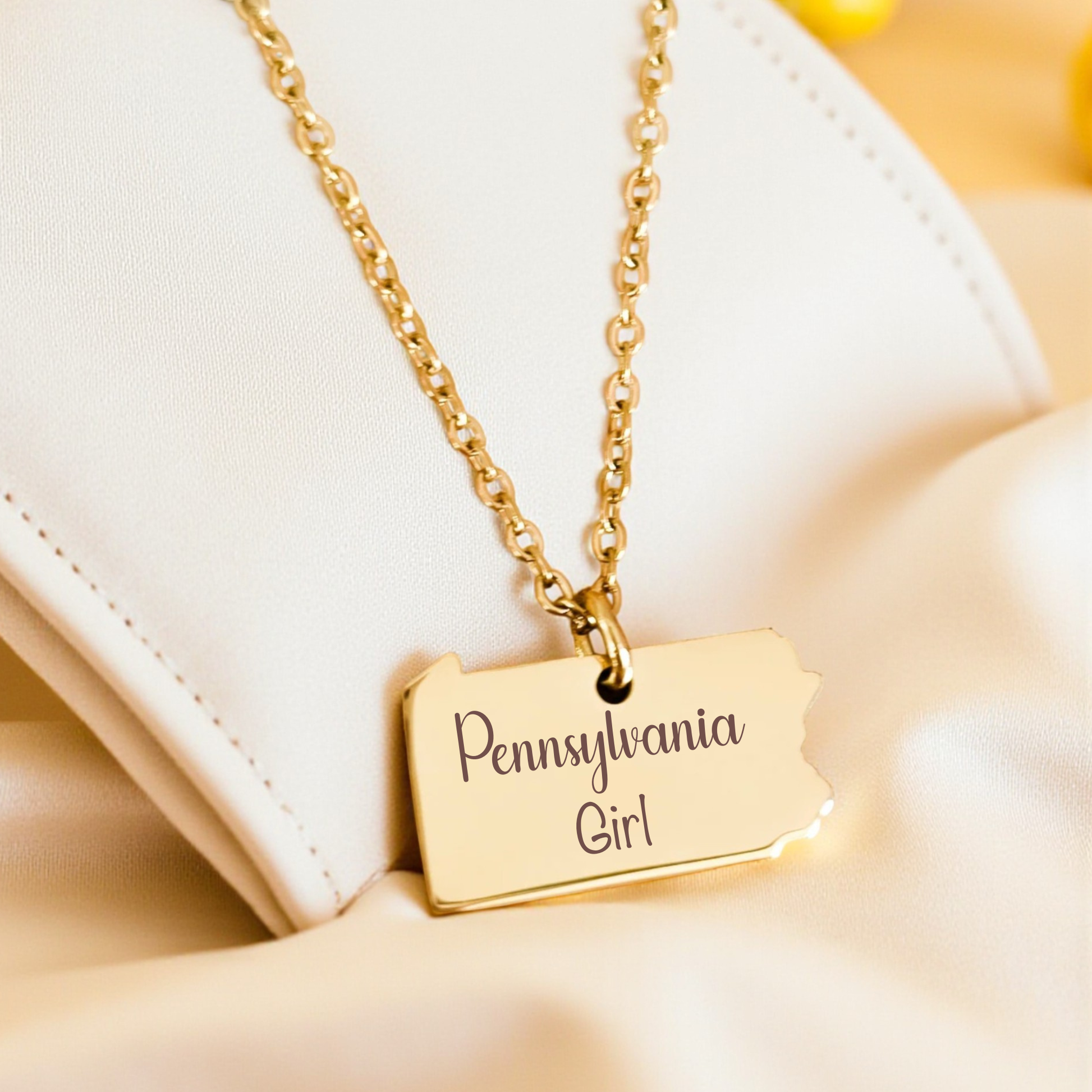 Handcrafted Pennsylvania state pendant necklace with “Rooted in Pennsylvania” engraving