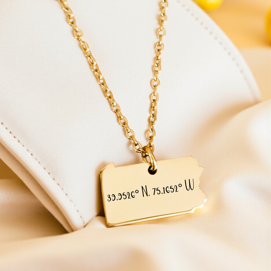 Personalized Pennsylvania coordinates necklace engraved with custom GPS location