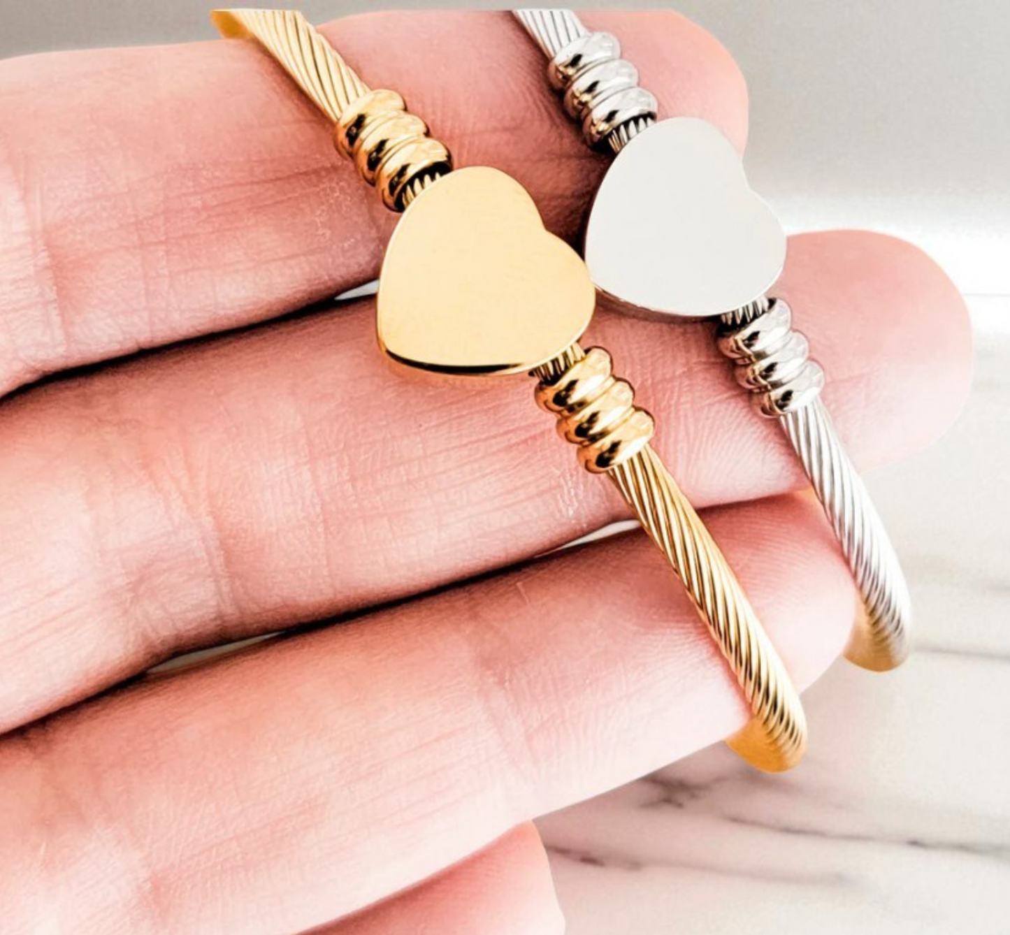 Custom Engraved Heart Bangle Bracelet – Personalized Gold or Silver Jewelry Gift for Her, Wife, Mom, or Daughter