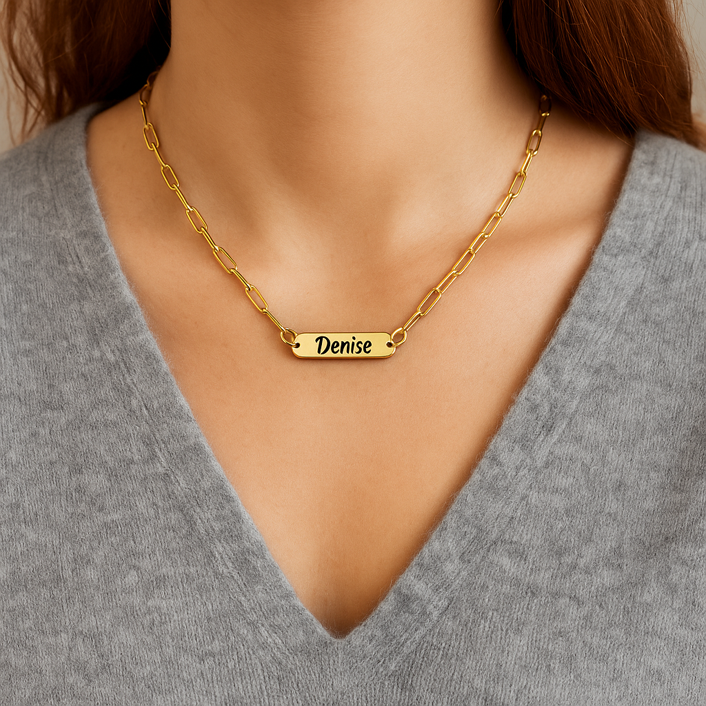 Gold or silver paperclip chain necklace with personalized bar charm