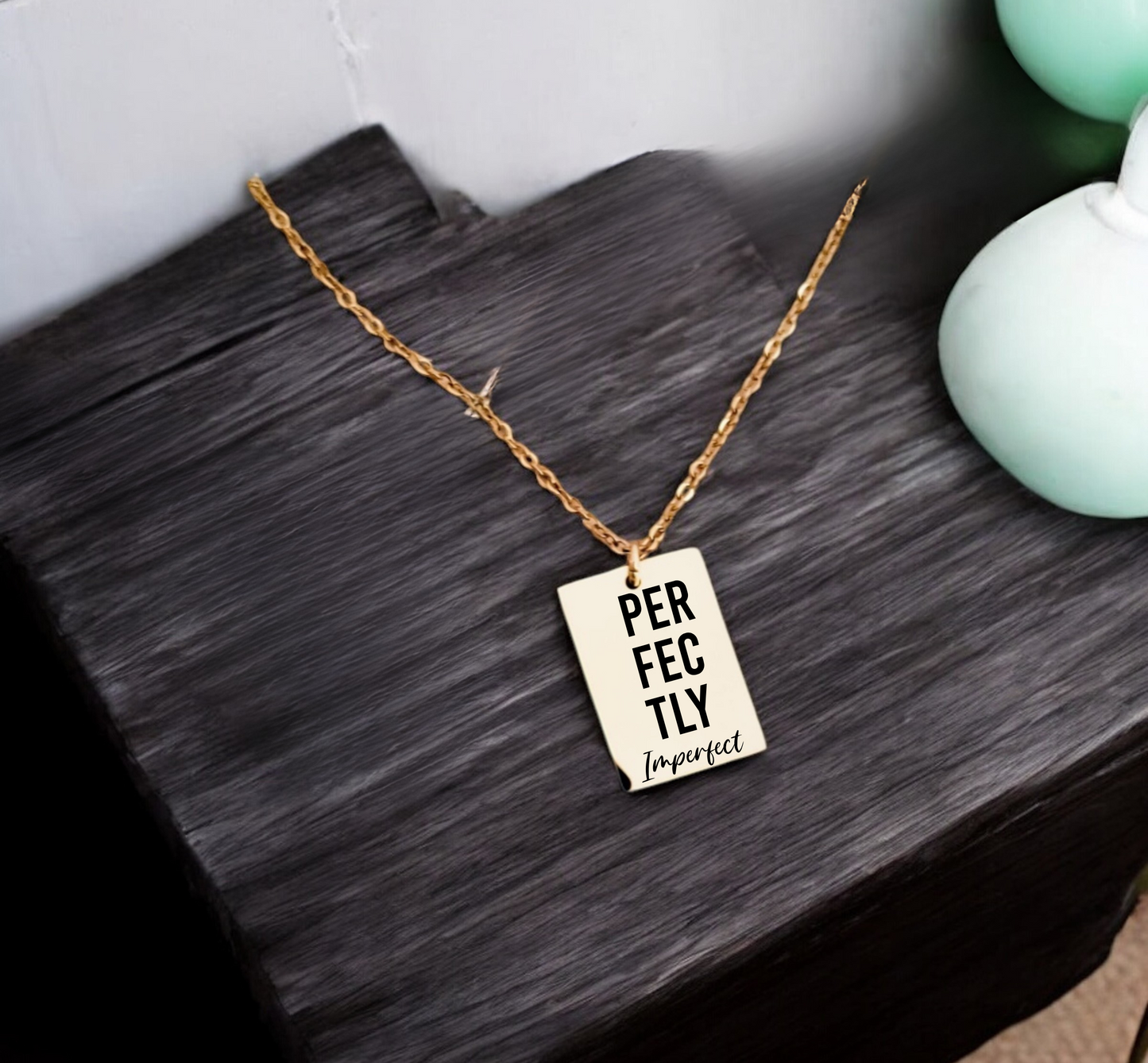 Perfectly Imperfect Engraved Square Pendant – Gold or Silver Horizontal Necklace