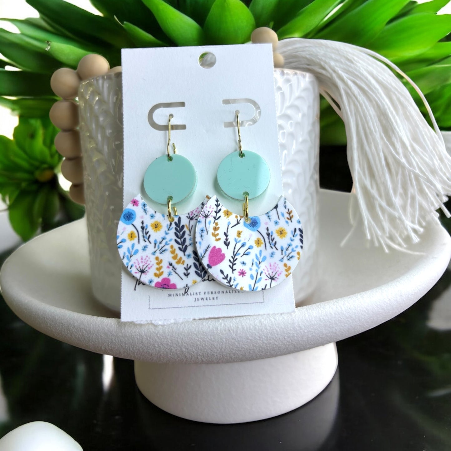 Mint Green Floral Drop Earrings – Handmade Summer Statement Earrings, Lightweight Acrylic Jewelry Gift for Her
