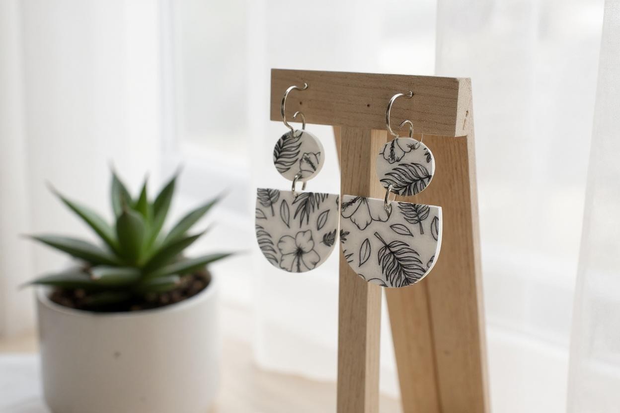 Layered Black and White Floral Earrings – Handmade Acrylic Statement Flower Dangle Earrings