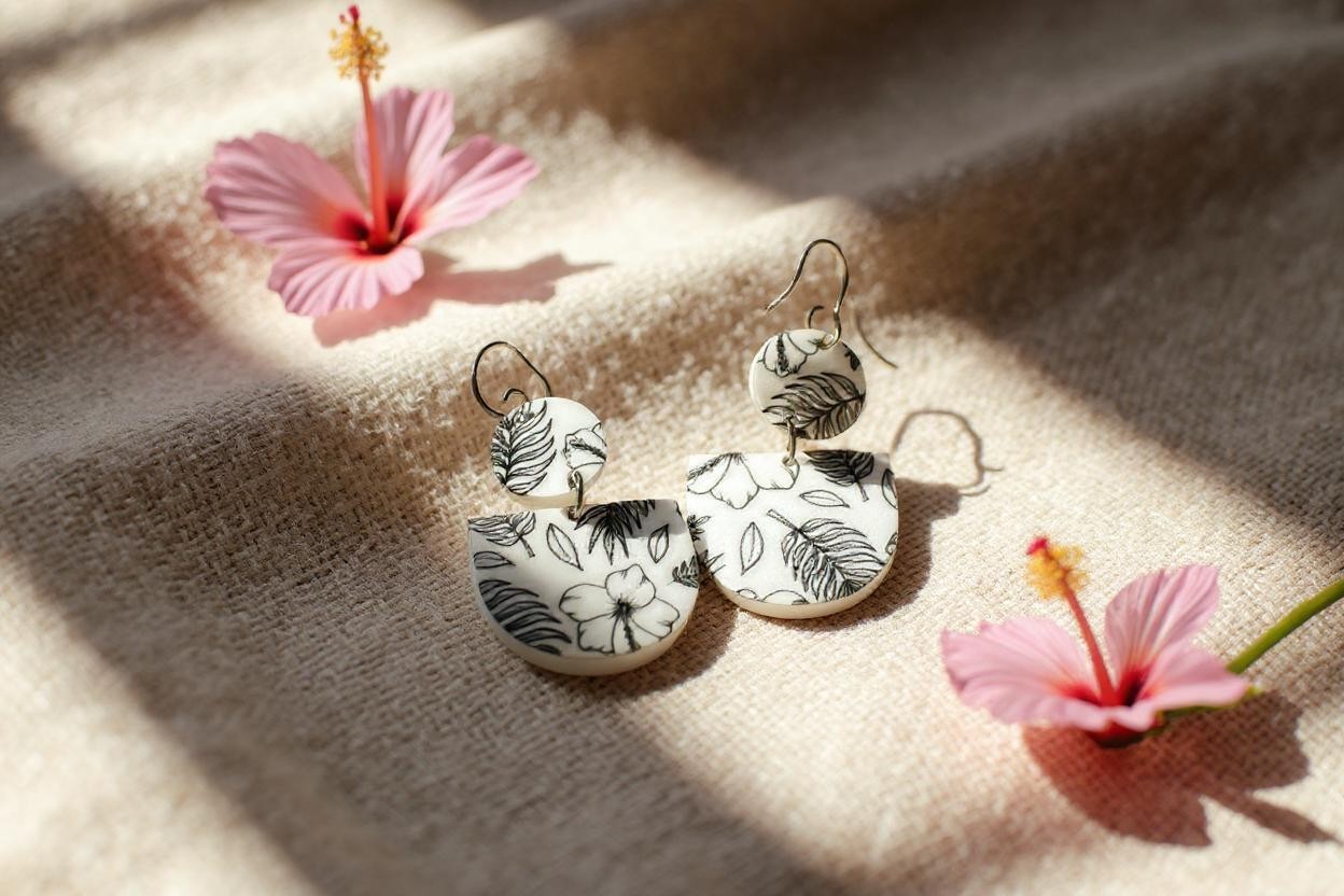 Layered Black and White Floral Earrings – Handmade Acrylic Statement Flower Dangle Earrings