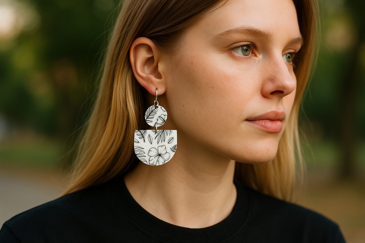 Layered Black and White Floral Earrings – Handmade Acrylic Statement Flower Dangle Earrings