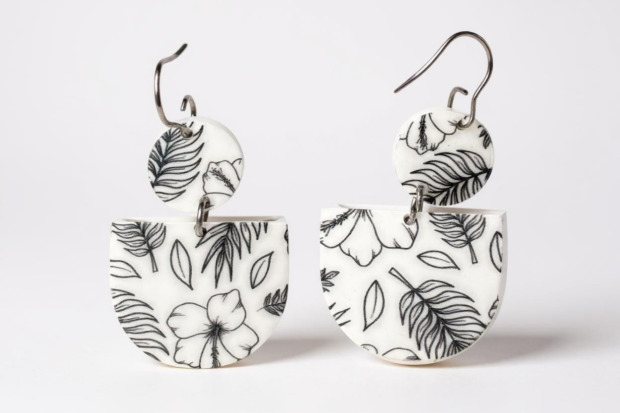 Layered Black and White Floral Earrings – Handmade Acrylic Statement Flower Dangle Earrings