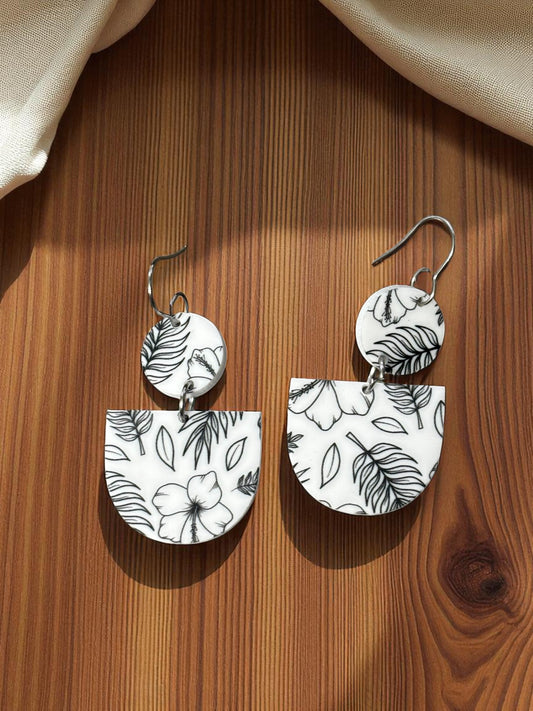 Layered Black and White Floral Earrings – Handmade Acrylic Statement Flower Dangle Earrings