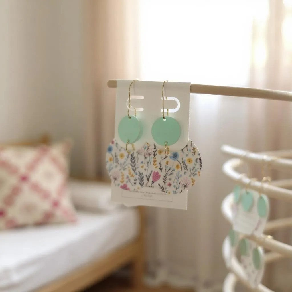 Mint Green Floral Drop Earrings – Handmade Summer Statement Earrings, Lightweight Acrylic Jewelry Gift for Her