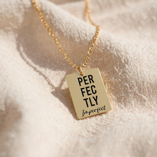 Perfectly Imperfect Engraved Square Pendant – Gold or Silver Horizontal Necklace