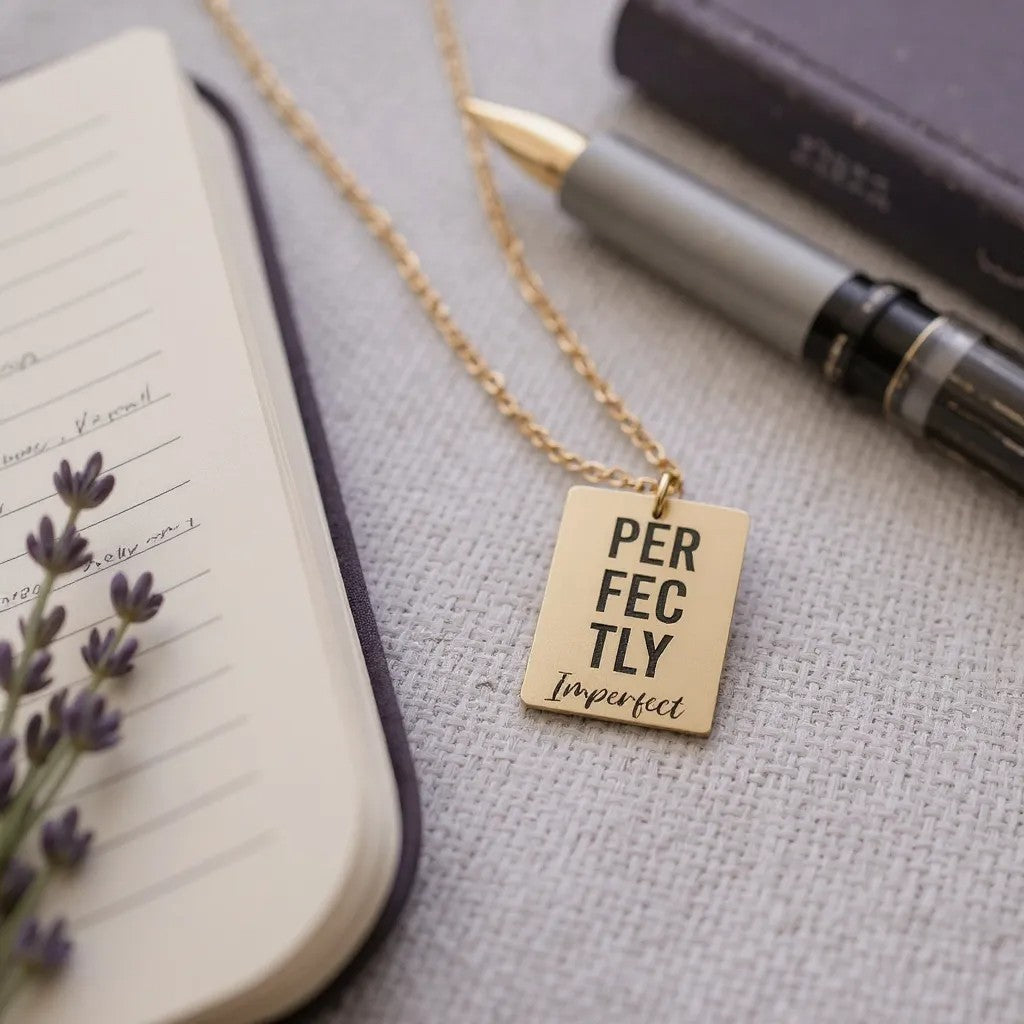 Perfectly Imperfect Engraved Square Pendant – Gold or Silver Horizontal Necklace